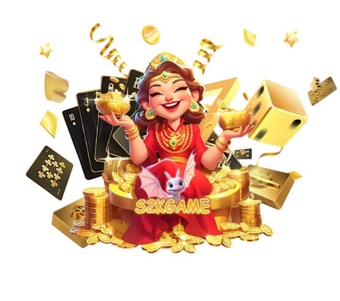 ตัวละครผู้หญิงสไตล์การ์ตูนถือไพ่และลูกเต๋า นั่งท่ามกลางกองเหรียญทอง แสดงถึงเกมสล็อตและคาสิโนออนไลน์ S2KGAME